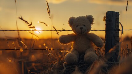 Wall Mural - Teddy Bear on the wire at the field in the evening