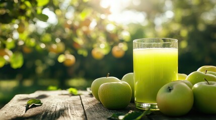 A clear glass of green apple juice on a wooden table, surrounded by fresh apples, with a blurred apple tree in the background under serene morning light.