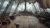 A deserted pirate ship deck with wooden planks, sails, and rigging, set against a moody sky backdrop for a theater stage scene.