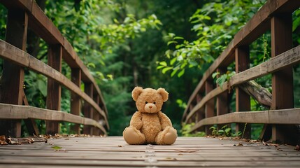 Wall Mural - Teddy bear toy alone on wood bridge green tree background