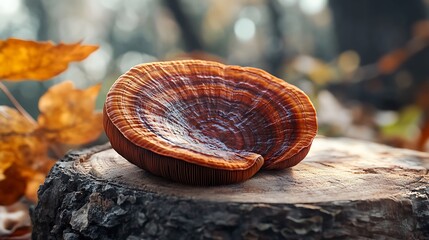 A close-up of a large brown mushroom with a ridged surface, resting on a tree stump, against a blurry background of leaves and sunlight.