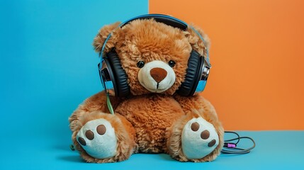 Wall Mural - Teddy bear with headphones isolated on colorful background