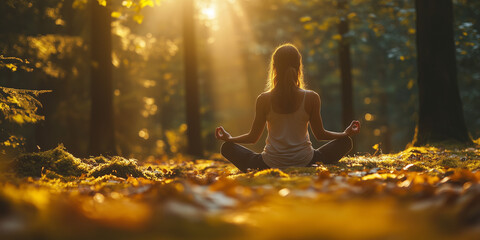 a woman sitting cross-legged in a peaceful forest, meditating