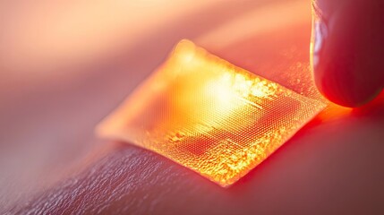 Close-up of a person applying a healing patch on skin, featuring an illuminated edge, showcasing modern wound care technology.
