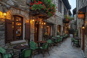 Photo of an Italian cafe with tables and chairs outside