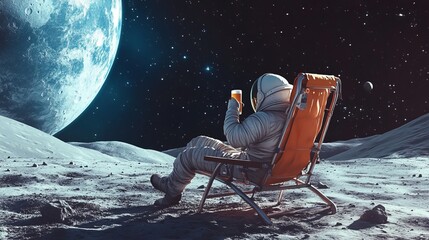 Wall Mural - back view of a lunar traveler relaxing on a beach chair and drinking a beer while giving a salute to