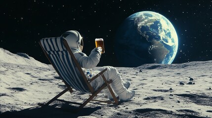 Wall Mural - back view of a lunar traveler relaxing on a beach chair and drinking a beer while giving a salute to