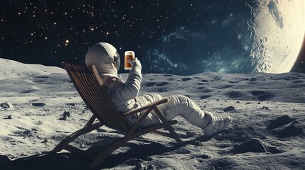 back view of a lunar traveler relaxing on a beach chair and drinking a beer while giving a salute to