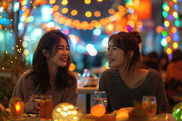 In the evening, two young women were having a dinner on the street