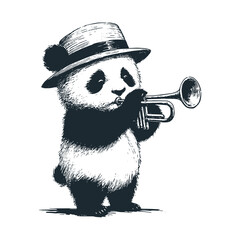 Wall Mural - The panda playing trumpet. Black white vector logo and icon illustration. 