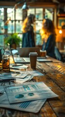 Wall Mural - Close-up of a team of business people working together, dressed casually and standing at a wooden table with papers and charts in an office. 