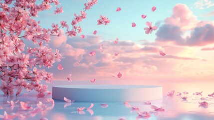 Sticker - A serene scene featuring flowers, pastel skies, and a smooth platform, perfect for showcasing beauty and tranquility.