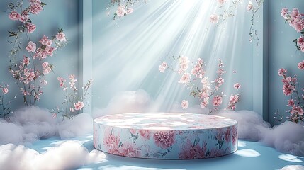 Sticker - A beautiful stage with soft clouds and floral decorations, illuminated by gentle sunlight, perfect for dreamy presentations.