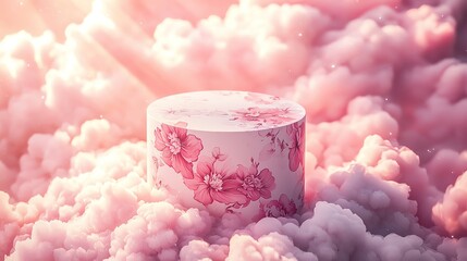 Sticker - A serene composition featuring a floral cake surrounded by soft pink clouds, perfect for celebrations and artistic displays.