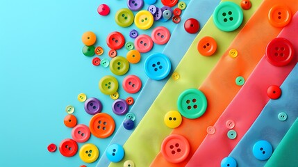 These colorful buttons and beads are for kids to practice their sewing skill isolated on colorful background