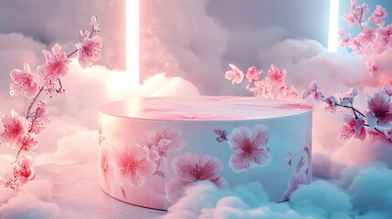 Sticker - A serene setting featuring a floral pedestal surrounded by soft clouds and colorful neon lights, perfect for product displays.