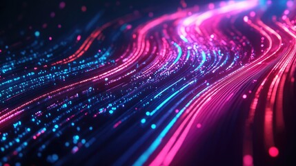 Futuristic data stream visualization with flowing neon lines and dynamic digital elements, ideal for illustrating advanced