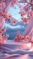 Wall Mural - A serene view of cherry blossoms framing a dreamy backdrop, perfect for adding elegance and tranquility to any project.