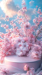 Wall Mural - A stunning arrangement of delicate pink flowers against a dreamy blue sky, perfect for spring-themed projects and celebrations.