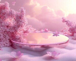 Sticker - A serene pink landscape with flowers and clouds creating a dreamy atmosphere perfect for creative design or branding.