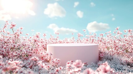 Sticker - A serene scene showcasing a pink podium surrounded by delicate flowers under a bright blue sky, perfect for presentations or displays.
