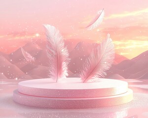 Sticker - A serene pink landscape featuring delicate feathers floating above a smooth podium, perfect for showcasing elegance and beauty.