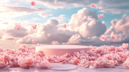 Sticker - A serene scene with pink flowers and soft clouds, creating a dreamy atmosphere for backgrounds or presentations.