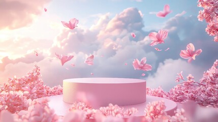 Sticker - A serene pink landscape with butterflies and clouds, featuring a circular pedestal surrounded by flowers. Perfect for dreamlike visuals.