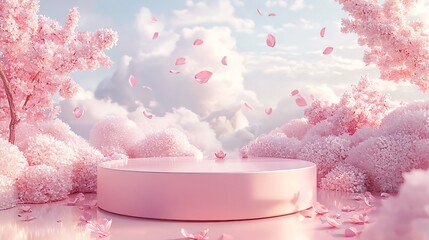 Sticker - A dreamy pink landscape featuring fluffy clouds, blooming flowers, and a circular platform surrounded by petals.