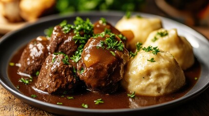 Wall Mural - A plate of boiled beef, dumplings, and gravy, garnished with fresh parsley, making for a hearty and comforting meal.