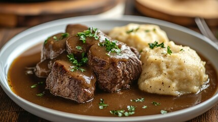 Wall Mural - A plate of boiled beef, dumplings, and gravy, garnished with fresh parsley, making for a hearty and comforting meal.