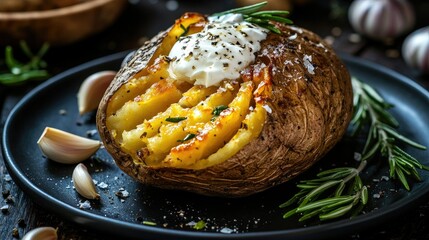 A rustic presentation of a baked potato, split open with melted butter and sour cream, surrounded by garlic cloves and rosemary on a dark plate