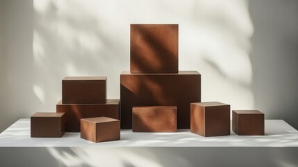 Poster - Minimalist arrangement of wooden cubes with shadows, modern art concept