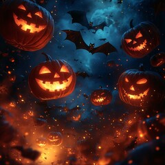 A mysterious night sky filled with jack - o'-lanterns,bats,and ghosts against a dark black background.The jack - o'-lanterns have eerie carved faces, with the candlelight flickering inside.