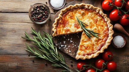 A savory pie missing a slice, with rosemary, salt, pepper, and fresh tomatoes arranged on a wooden table. A healthy, home-cooked dish, perfect for diet and nutrition enthusiasts