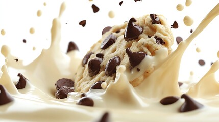 Chocolate chip cookie falling into a pool of milk with a splash of cream.