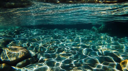 A serene underwater scene showcasing clear water and stones, capturing the beauty of natural aquatic landscapes.