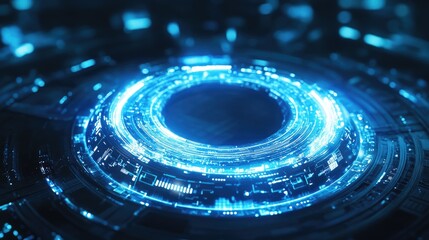 Poster - Illuminated blue tech circle on a sleek, futuristic backdrop, symbolizing cutting-edge technology and the digital future