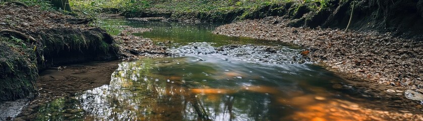 Wall Mural - A tranquil stream flows gently through a serene forest, surrounded by lush greenery and fallen leaves, inviting peaceful reflection.