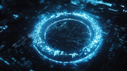 Poster - Illuminated blue tech circle on a sleek, futuristic backdrop, symbolizing cutting-edge technology and the digital future