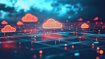 Poster - illustration of cloud computing with interconnected data streams, representing big data transfer and
