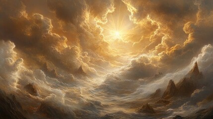 Wall Mural - A painting of a stormy sea with a sun in the sky