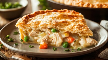 Wall Mural - A slice of chicken pot pie on a plate, showing the creamy chicken and vegetable filling inside a perfectly flaky pastry crust. A satisfying homemade meal