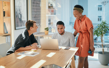 Aufkleber - Creative, collaboration and business people with laptop in meeting for design strategy, online campaign and website layout. Graphic designer, team and laughing in boardroom for project brainstorming
