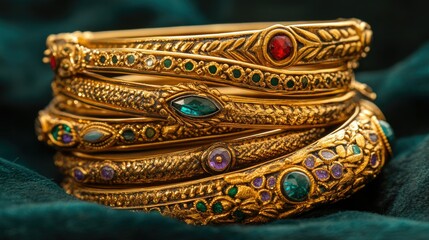 Wall Mural - A stack of Indian gold bangles featuring detailed decorative designs and gemstone embellishments, carefully placed on a velvet background