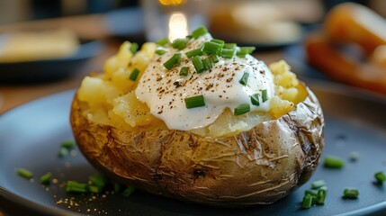 Wall Mural - A table set with a hearty baked potato, butter dripping from the center, finished with sour cream and a sprinkle of cracked black pepper and fresh chives