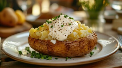 Wall Mural - A table set with a hearty baked potato, butter dripping from the center, finished with sour cream and a sprinkle of cracked black pepper and fresh chives