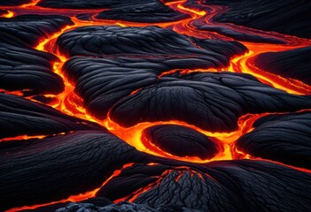 captivating dynamic lava flow displaying striking patterns vivid colors volcanic landscape, texture, eruption, magma, rock, glowing, orange, black, earth