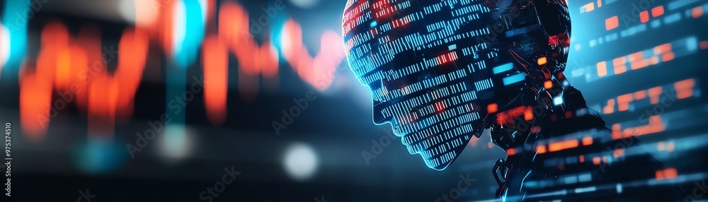 Binary code cascading into a robot s head while stock charts are ...
