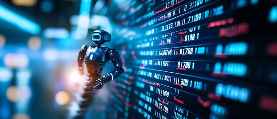 Digital stock numbers and robotic figures floating in a futuristic trading space, virtual markets, robot navigating global stock exchanges